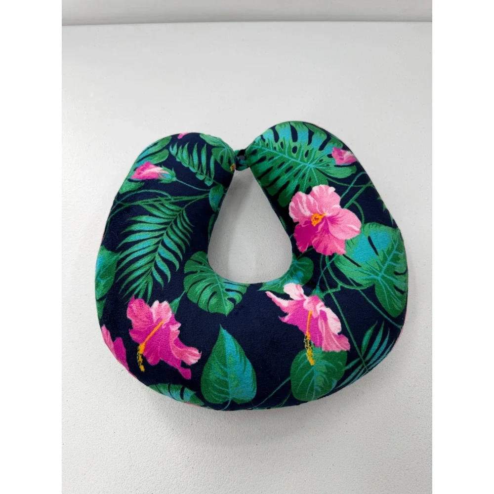 Tropical Floral Travel Neck Pillow Hibiscus Palm Leaf Navy Blue Snap Support OS